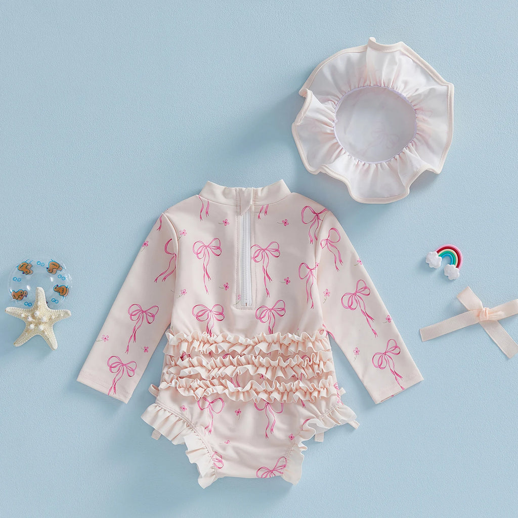 Toddler Baby Girl Rash Guard Swimsuit Bow Print Ruffled Long Sleeve Round Neck Beachwear Jumpsuit and Hat Swimwear 2Pcs Set - Sun Studio