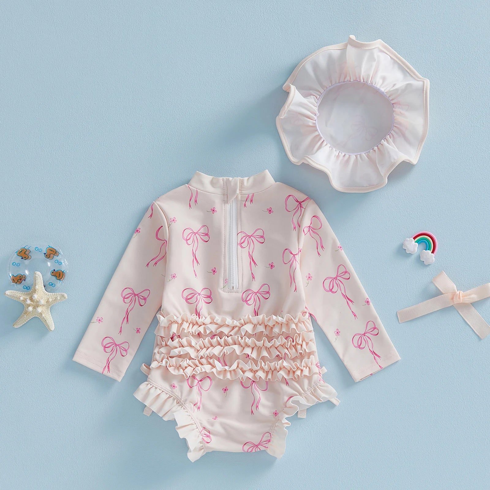 Toddler Baby Girl Rash Guard Swimsuit Bow Print Ruffled Long Sleeve Round Neck Beachwear Jumpsuit and Hat Swimwear 2Pcs Set - Sun Studio