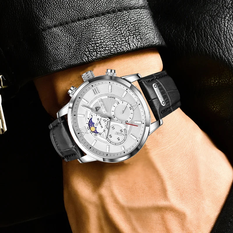 LIGE 2024 Brand New Men's Watches Leather Chronograph Waterproof Sports Automatic Date Quartz Watches for Men Relogio Masculino - Sun Studio