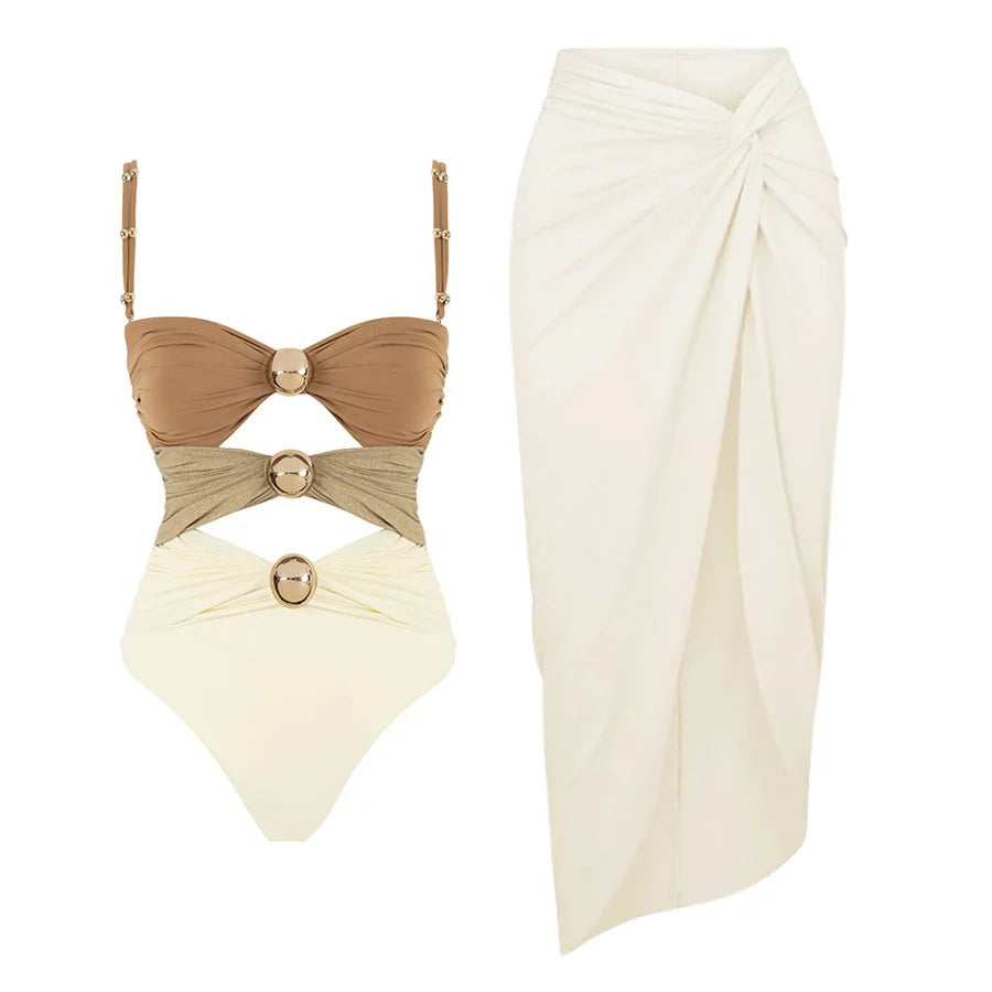 2024 Sexy Women's Swimsuit with Skirt One-Piece Swimwear Vintage Ruffle V Neck Cover Up Bikinis Set Beachwear Bathing Suit - Sun Studio