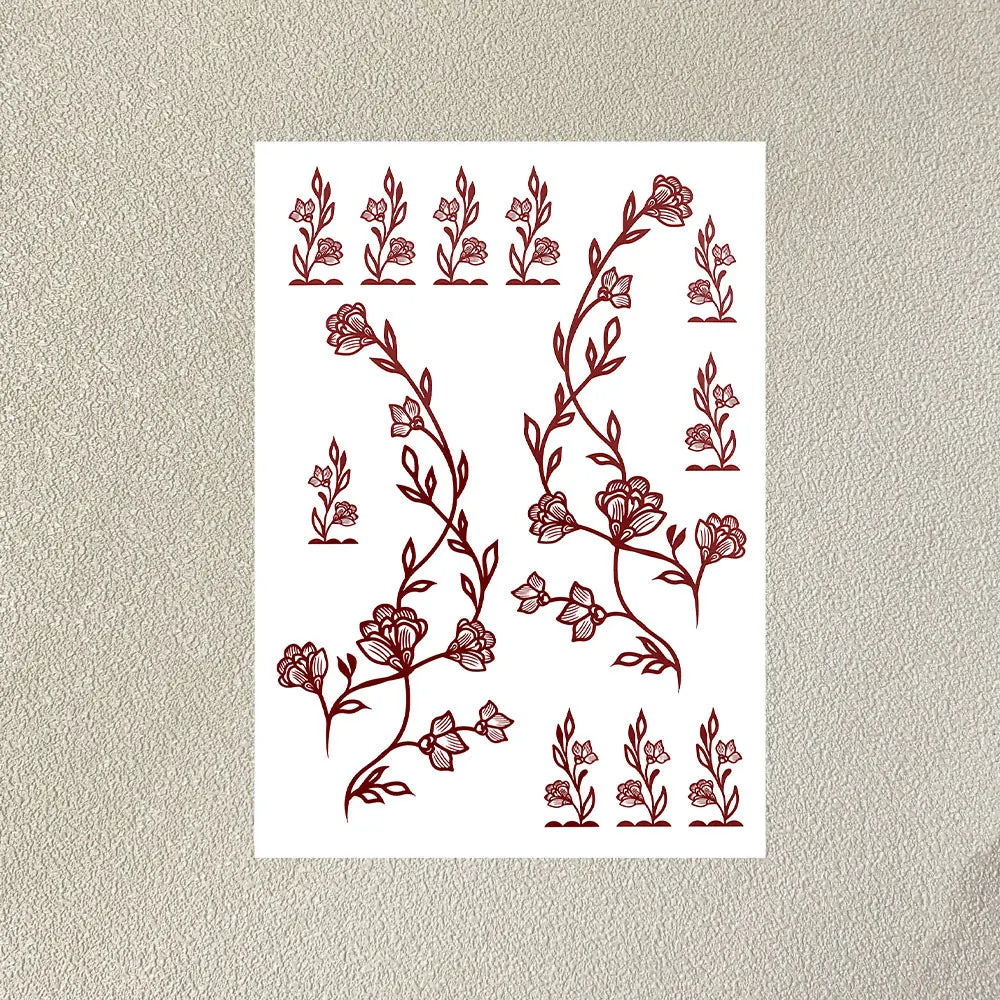 Waterproof Flower Hand Tattoo for Women Maroon Henna Tattoo Stickers for Hand Fingers Body Art Disposable Fake Tattoo Festival