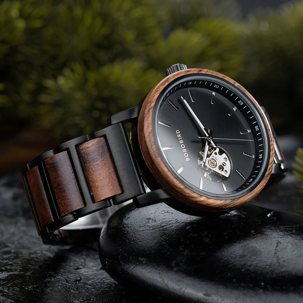 BOBO BIRD New Mechanical Watches for Men Luxury Wood and Stainless Steel Skeleton Customized Automatic Watch relojes mecánicos - Sun Studio