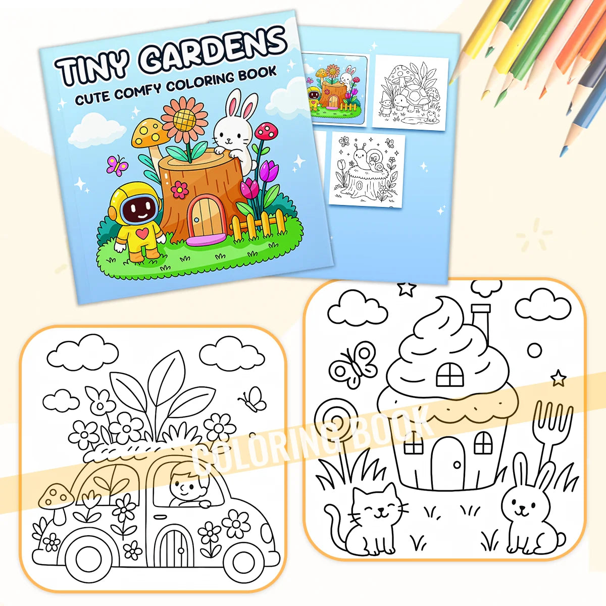 TINY GARDENS CUTE COMFY Patterns Coloring Book for Adults And Teens Cute Drawing Book Perfect Gift for Party and Birthday - Sun Studio
