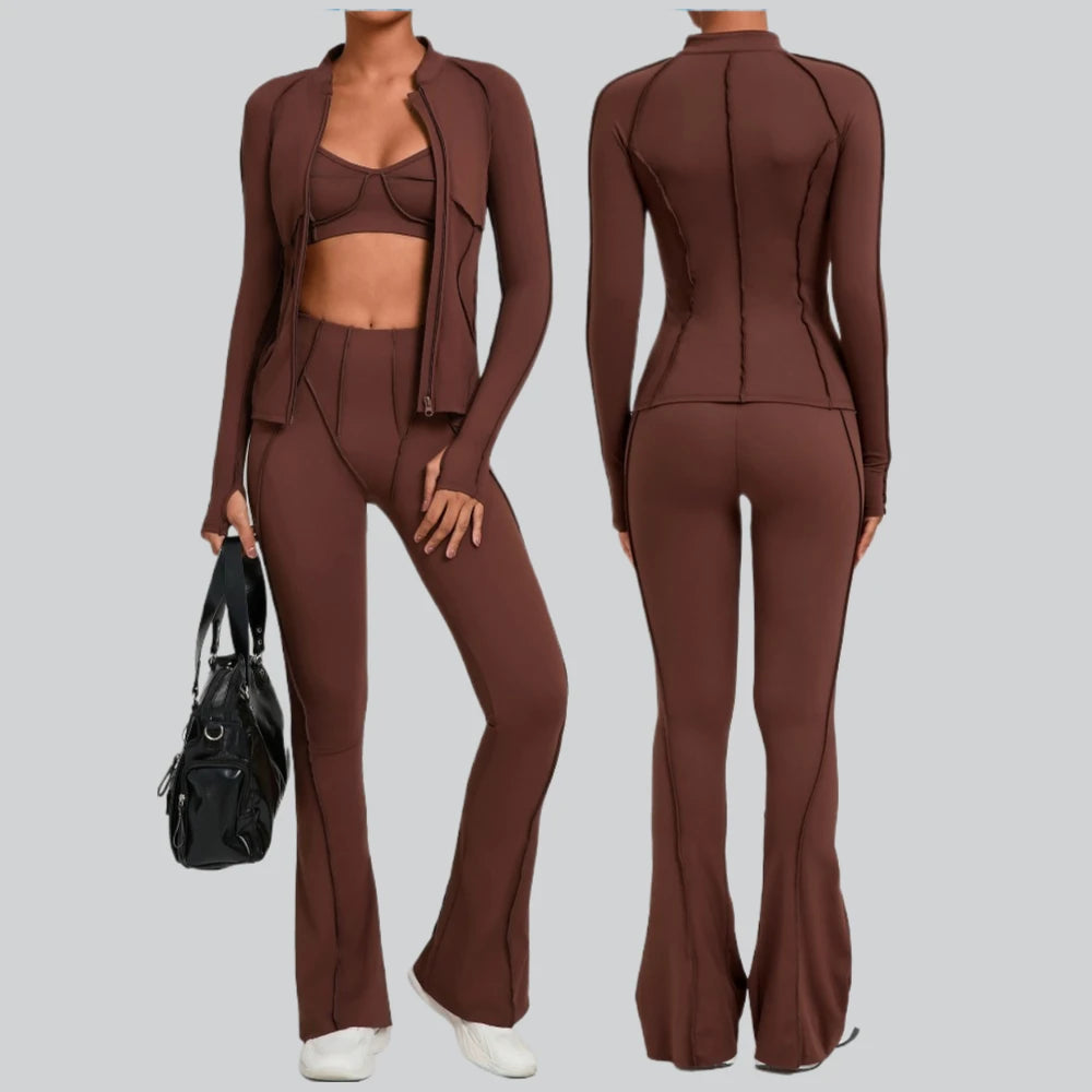 Gym Casual Yoga Set for Women Outdoor Running Fitness Outfit Autumn Winter Tight Sports Three-Piece Set Zipper Coat+bras+pants - Sun Studio