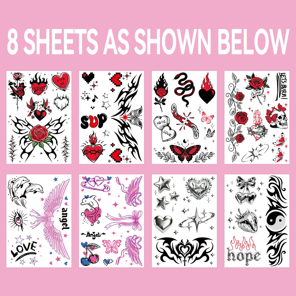 Y2K Realistic Temporary Tattoos - 10 Sheets| Girly 2000s Bachelorette, Birthday Favors, Halloween Party Accessory, Fake Tats, - Sun Studio