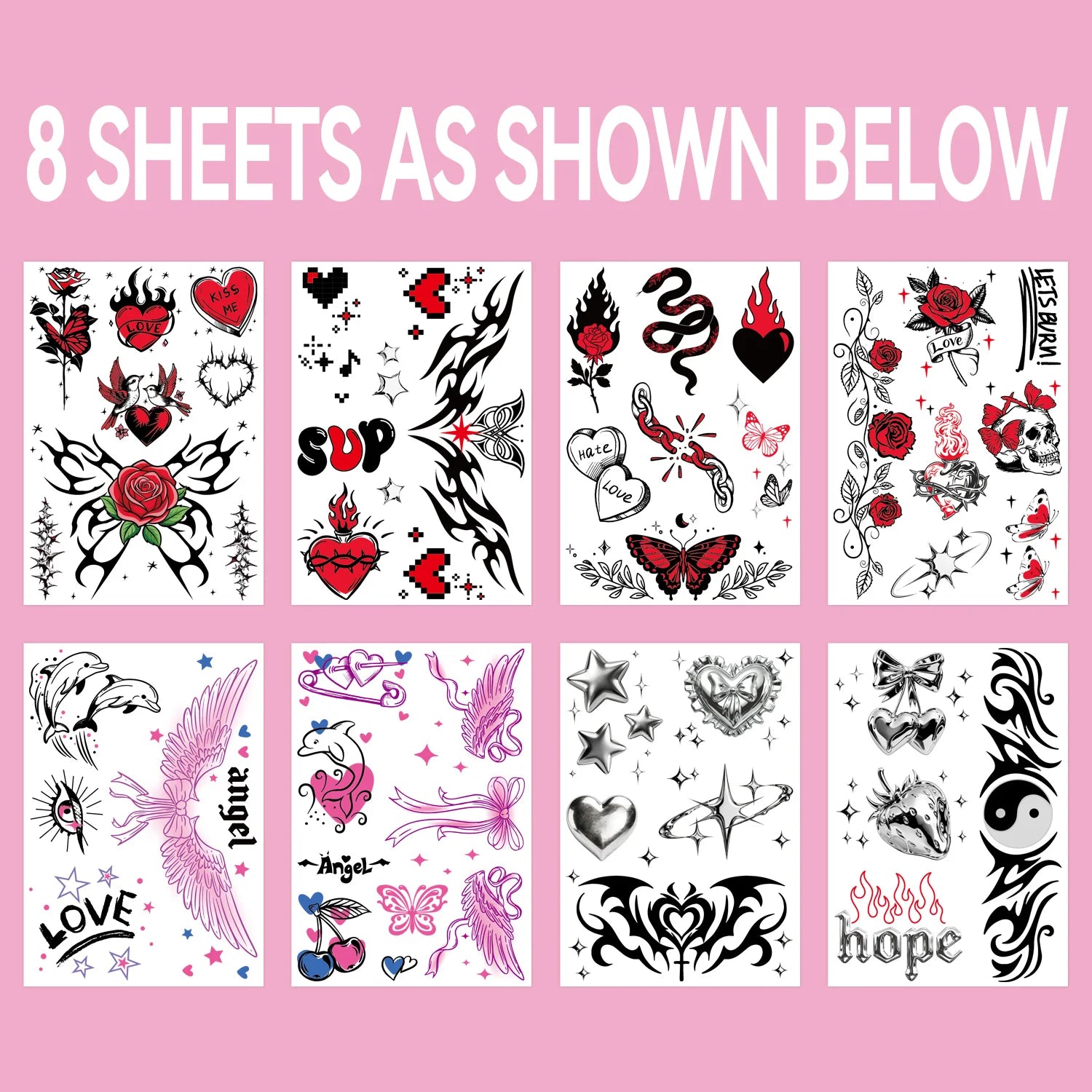 Y2K Realistic Temporary Tattoos - 10 Sheets| Girly 2000s Bachelorette, Birthday Favors, Halloween Party Accessory, Fake Tats, - Sun Studio
