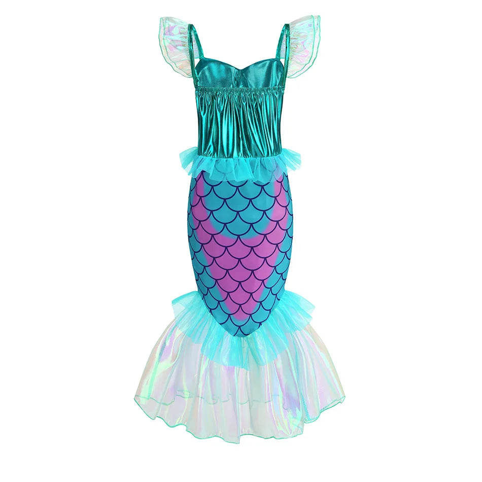 Disney Blue Red Purple Three Colors Mermaid Flying Sleeve Fishtail Beautiful Dress For Girl Summer Beach Party Cool Swimsuit Set - Sun Studio