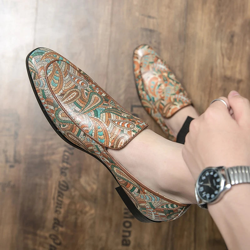 New British Style Fashion Trends Printed Leather Loafers Men Breathable Casual Shoes Men Slip-on Dating Driving Party Men Shoes - Sun Studio