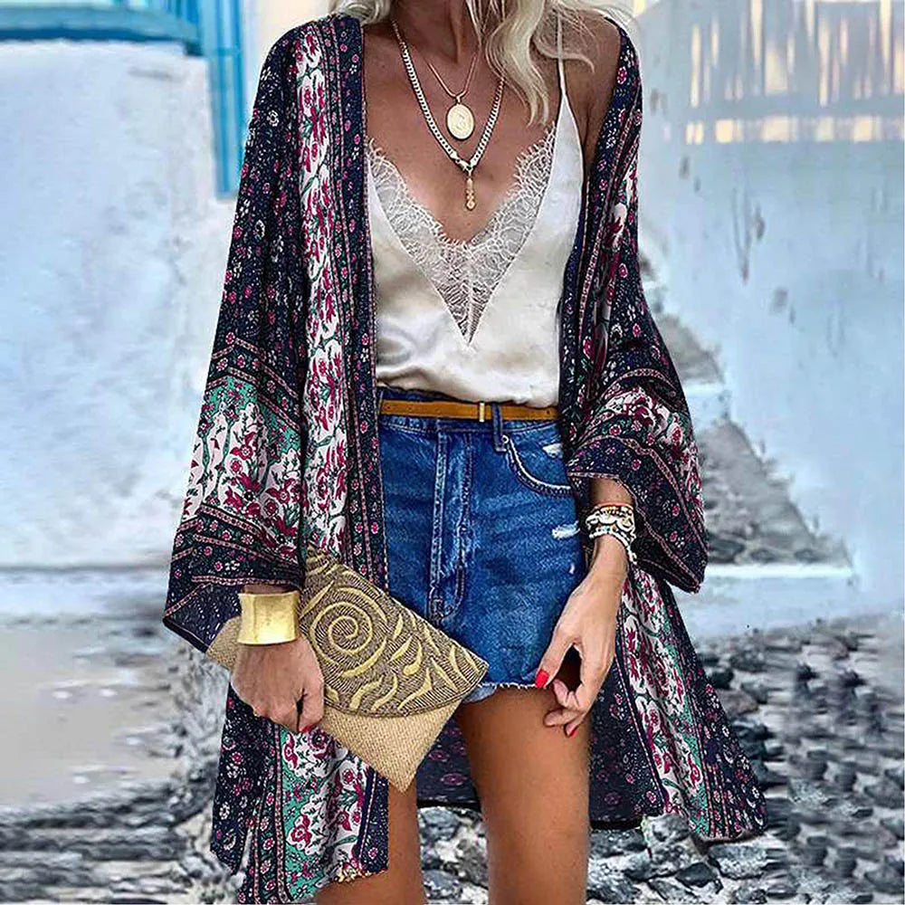WeHello 2023 Summer Bohemian Casual Cloak Cardigan for Swimsuit woman Beach Swimwear Tops Long Sleeved Shawl Chiffon Shirt - Sun Studio