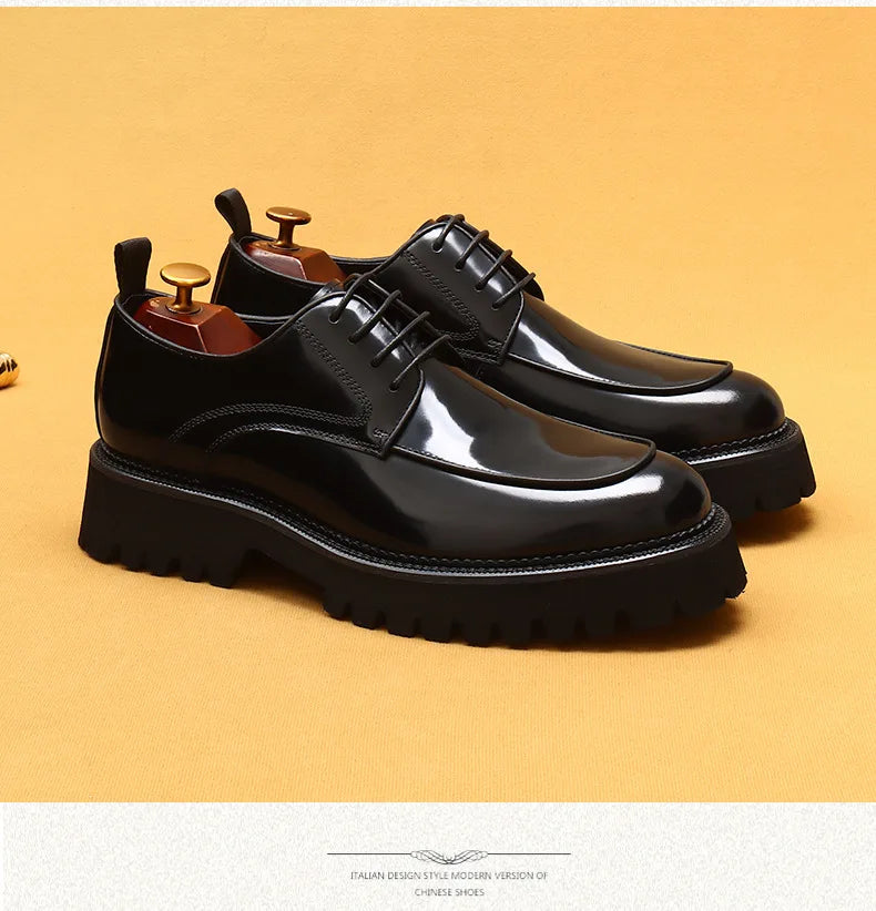 designer men's leather shoes with thick soles round toe glossy leather business dress shoes Waxed cowhide lace up British shoes - Sun Studio