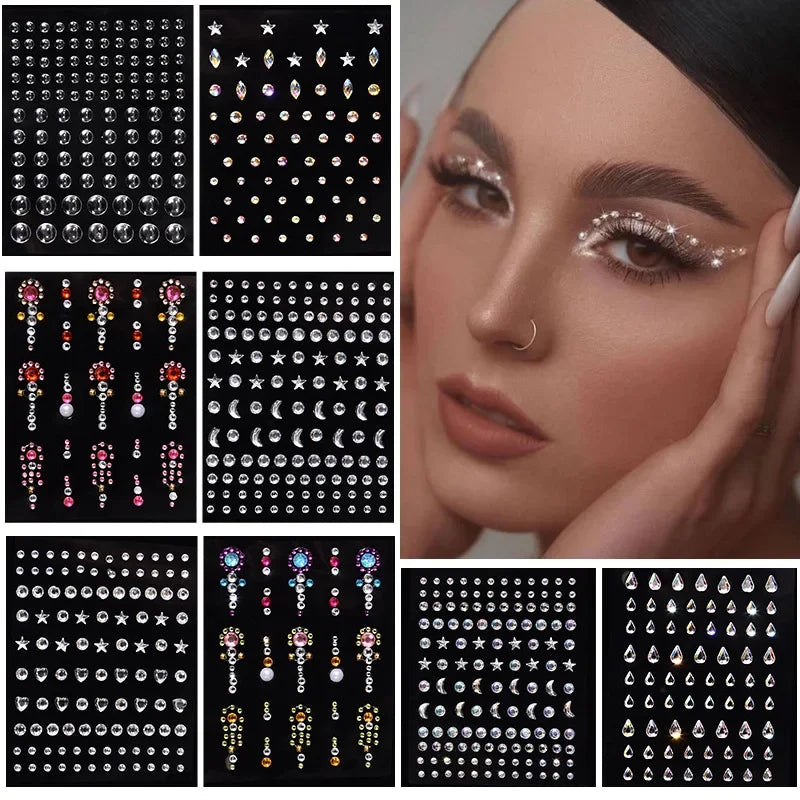 1 Pc Disposable Tattoo Stickers Face Jewelry Color Crystal Diamond DIY Eyes Face Body Waterproof Makeup Decorations Rhinestones - Sun Studio