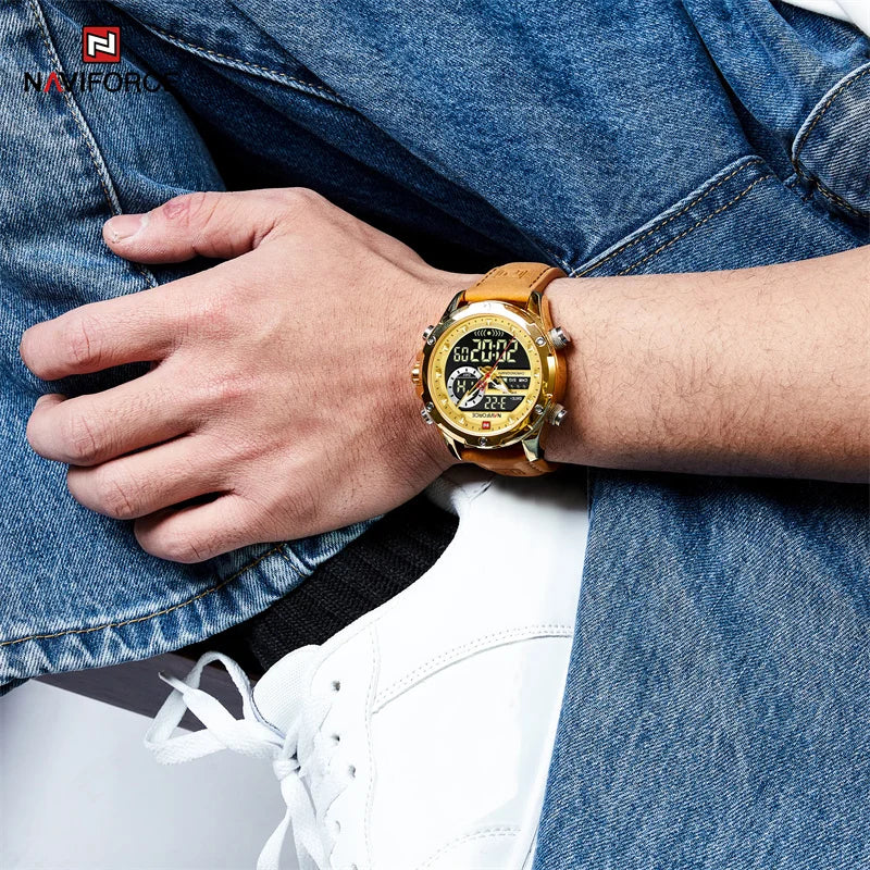 NAVIFORCE Luxury Original Watches For Men Casual Sport Chronograph Alarm Quartz WristWatch Leather Waterproof Digital Clock 9163 - Sun Studio