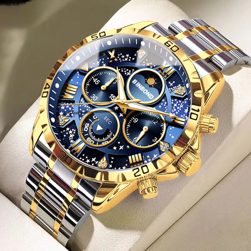 BINBOND Luxury Fashion Men Watches Multi-functional Stainless Steel Original Quartz Wristwatch Moon Phase Chronograph Waterproof - Sun Studio