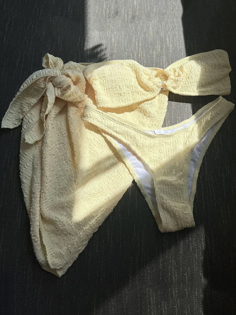 With Sarong Bandeau Strapless Wrinkled Bikini Women Swimwear Female Swimsuit Three-pieces Bikini set Bather Bathing Suit Swim - Sun Studio
