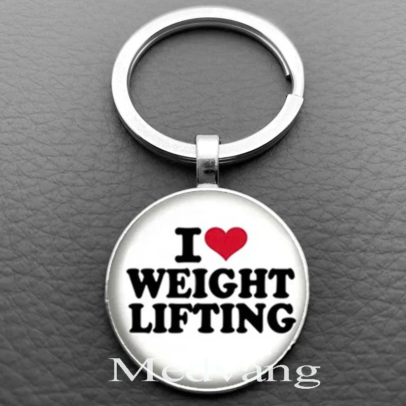 Weightlifting Fitness Pattern Keychain Loves Fitness Men and Women Exclusive Glass Round Keychain Gift for Fitness Club - Sun Studio