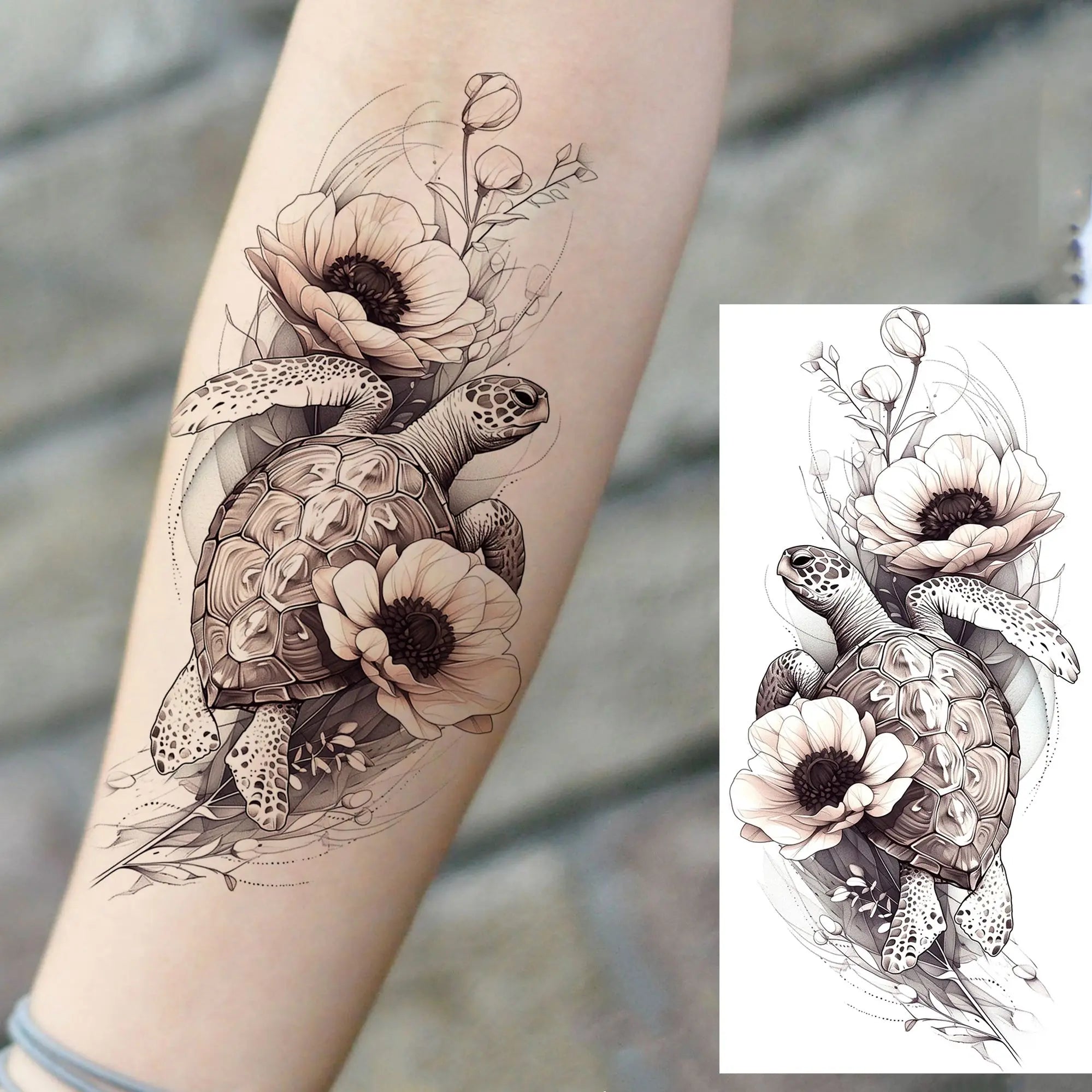 1 Blatt Schönes Schildkröte mit Blumen Temporäre Tattoos Elefant Löwe Tattoos Wasserdicht Realistische Tiere Fake Tattoos Aufkleber