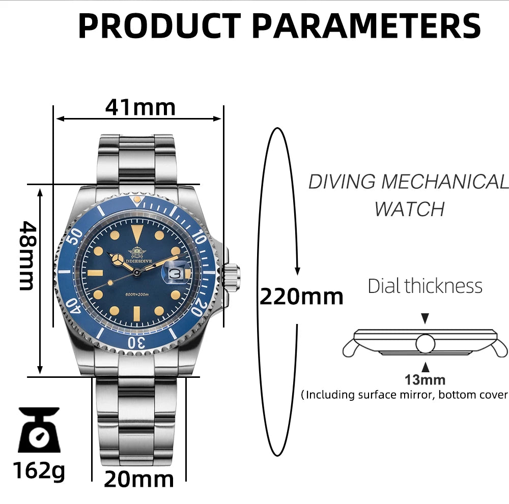ADDIESDIVE Men's Watch Quartz Calendar Window 316L Stainless Steel Ceramic Bezel 20Bar Waterproof Luminous Watches 41mm - Sun Studio