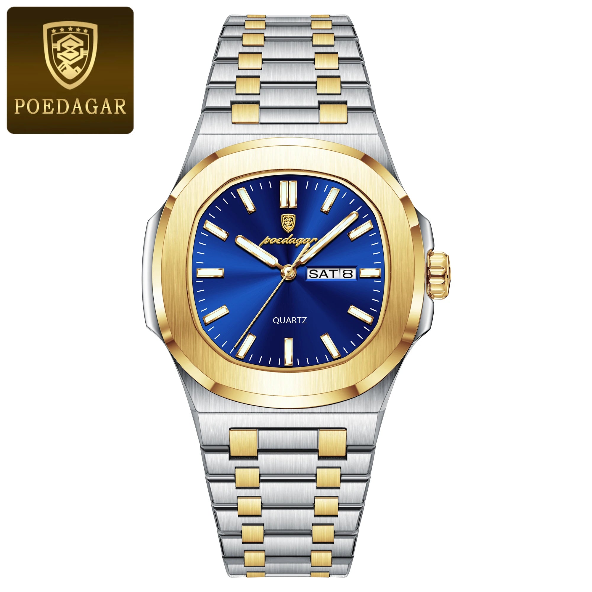 POEDAGAR Luxury Square Men's Watches Waterproof Luminous Date Week Men Watch Stainless Steel Fashion Quartz Man Wristwatch Reloj - Sun Studio