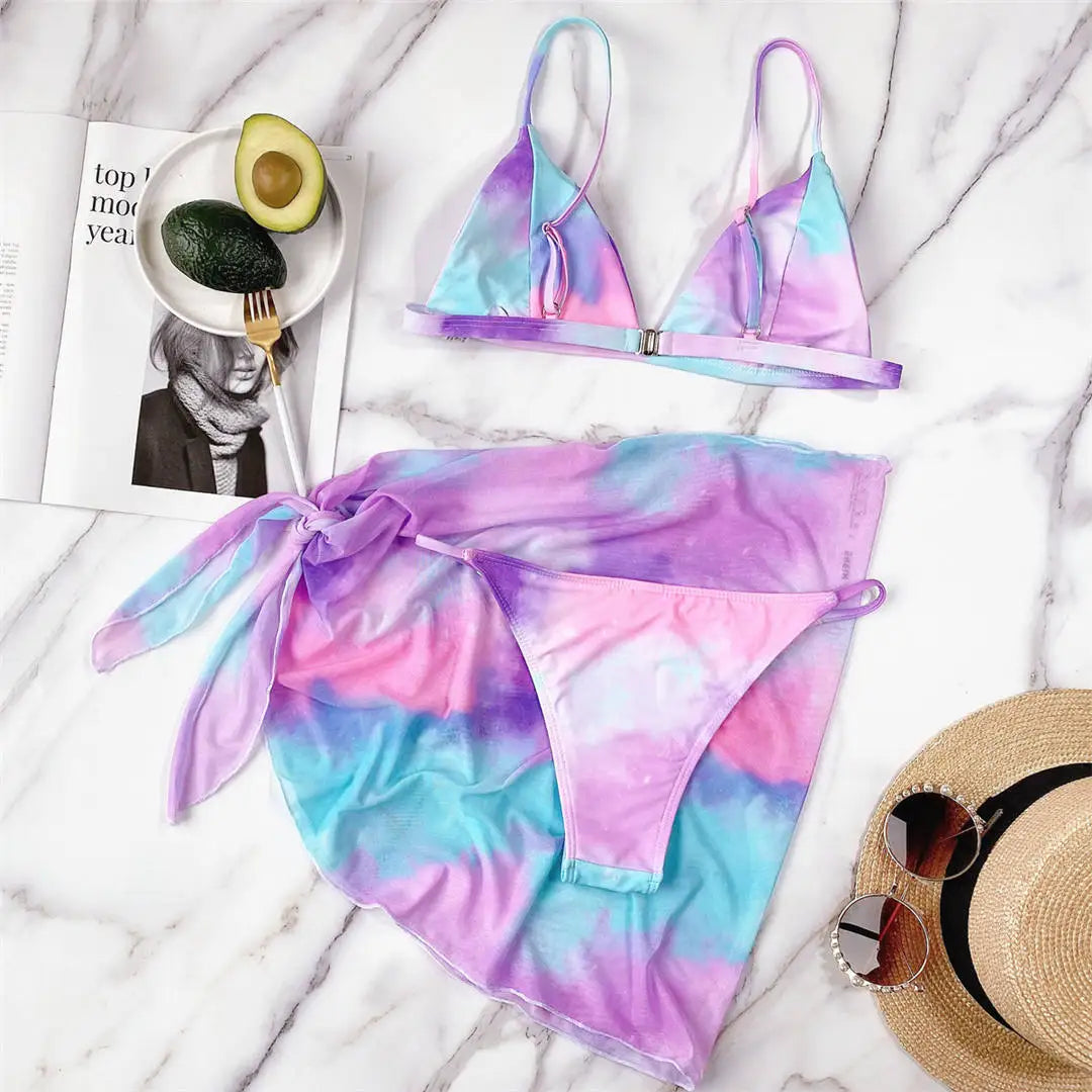 New Sexy Tie Dye With Sarong Bikini Female Swimsuit Women Swimwear Three-pieces Bikini set Bather Bathing Suit Swim Lady V2888 - Sun Studio