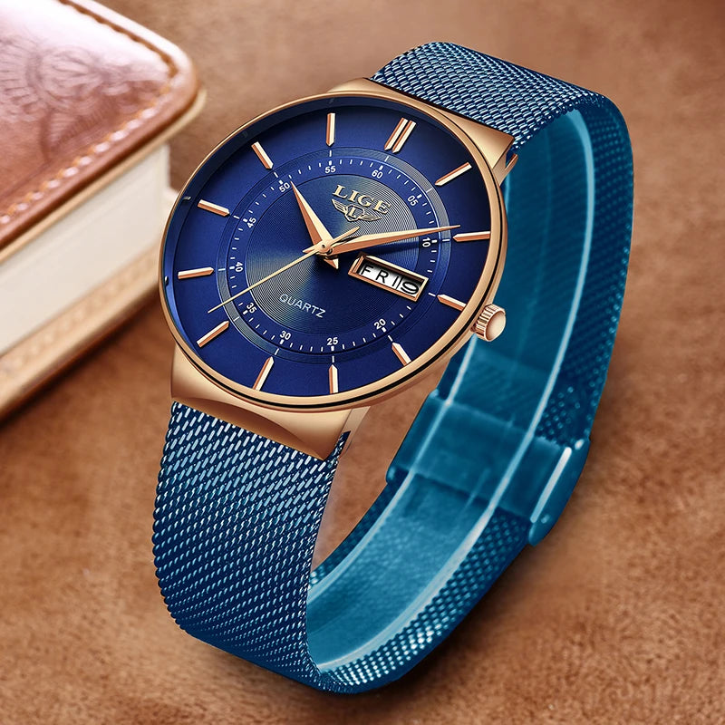 LIGE 2024 Montres de luxe pour hommes Étanche Ultra Mince Date Horloge Homme Bracelet en acier Montre à quartz décontractée Hommes Montre de sport Homme