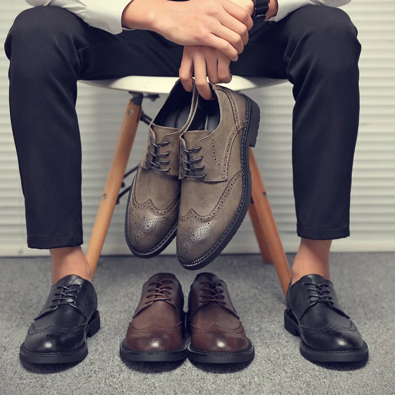 Handmade Mens Wingtip Oxford Shoes Grey Leather Brogue Men's Dress Shoes Classic Business Formal Shoes for Men 56 - Sun Studio