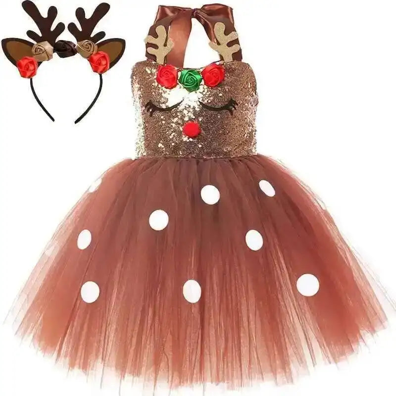 Brown Sequins Deer Costumes for Baby Girls Christmas Princess Dresses Kids Reindeer Outfit Children New Year Clothes Xmas Gift - Sun Studio
