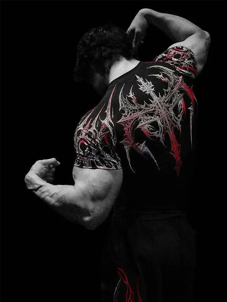 GYM T-shirt Men's Dark Gothic Print Muscle Tee  High Elasticity And Quick Drying Exercise For Bodybuilding Training 2026 Summer - Sun Studio
