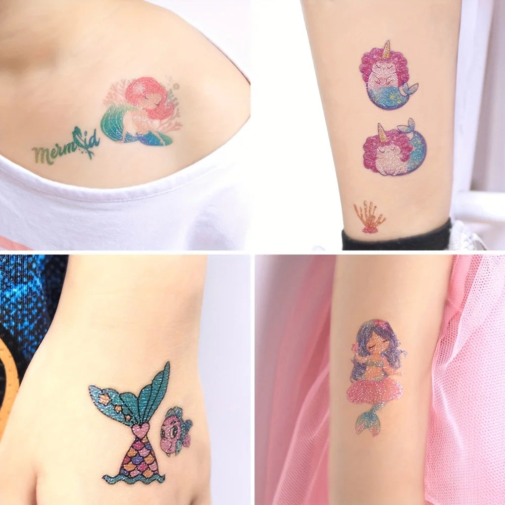 12 Sheets Glitter Mermaid Tattoo Stickers For Kids Cute Unicorn Temporary Tattoos Body Art Fake Tattoo Birthday Party Favors - Sun Studio