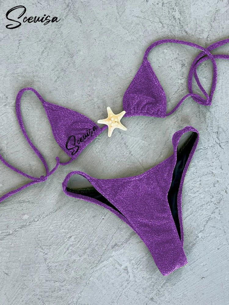 2024 New Sexy Low Waisted Bikini Set Swimsuit Starfish Swimwear Women Solid Strappy Beachwear Bathing Suits Brazilian biquini - Sun Studio