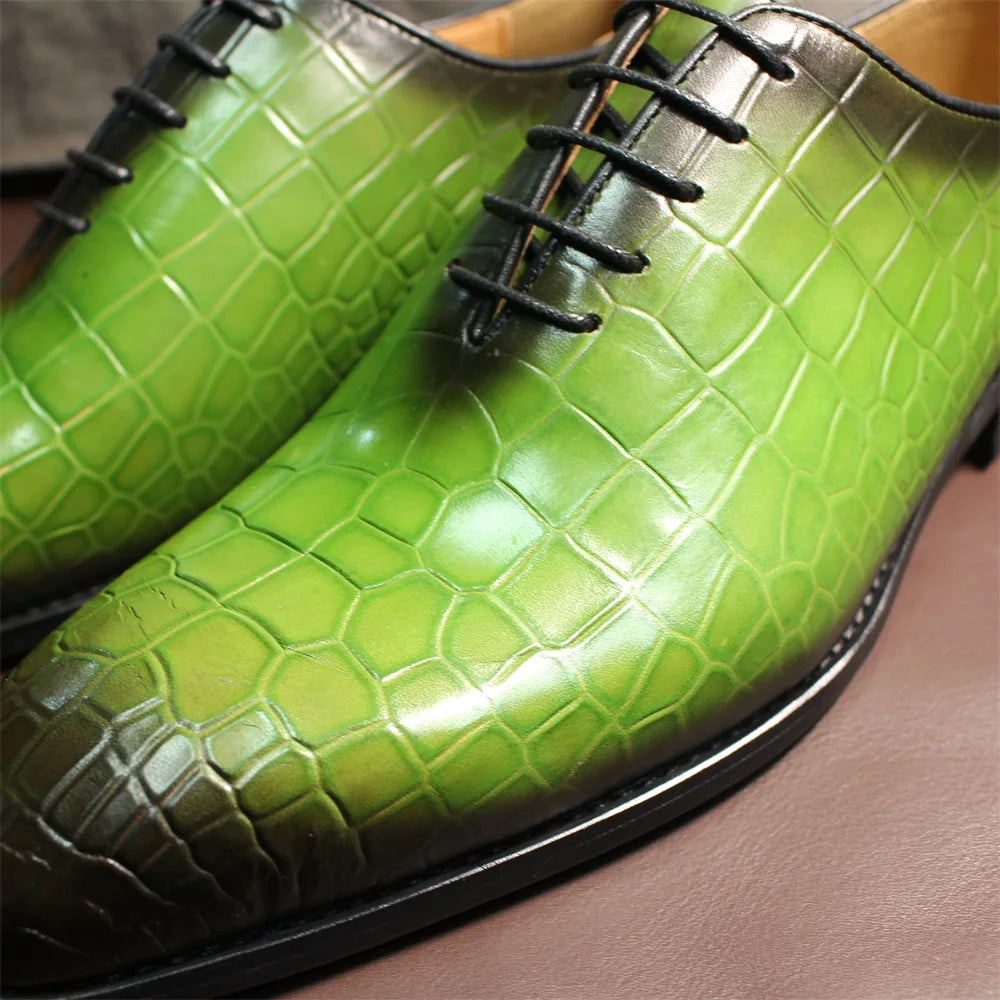 FELIX CHU Men's Genuine Cow Leather Shoes Crocodile Print Business Green Dress Shoes Formal Wedding Footwear for Spring Autumn - Sun Studio