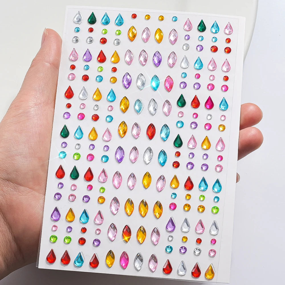 1sheet 900pcs Rainbow Face Glittle Gem Stickers Stick-On Facial Tattoo Eye Rhinestone Jewels 3/4/5mm Mix Wedding Party Make Up - Sun Studio