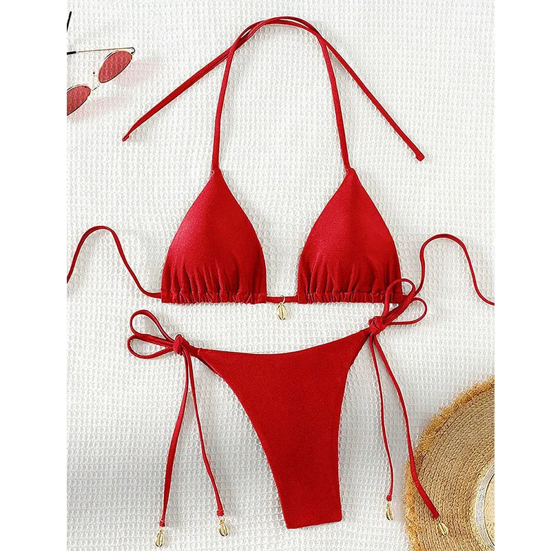 2 Pcs/Set Bikini Set Sexy Bikinis 2025 Bathing Suit Solid Color Halter Neck Strap Thong Women Swimsuit Set for Beach Swimwear - Sun Studio