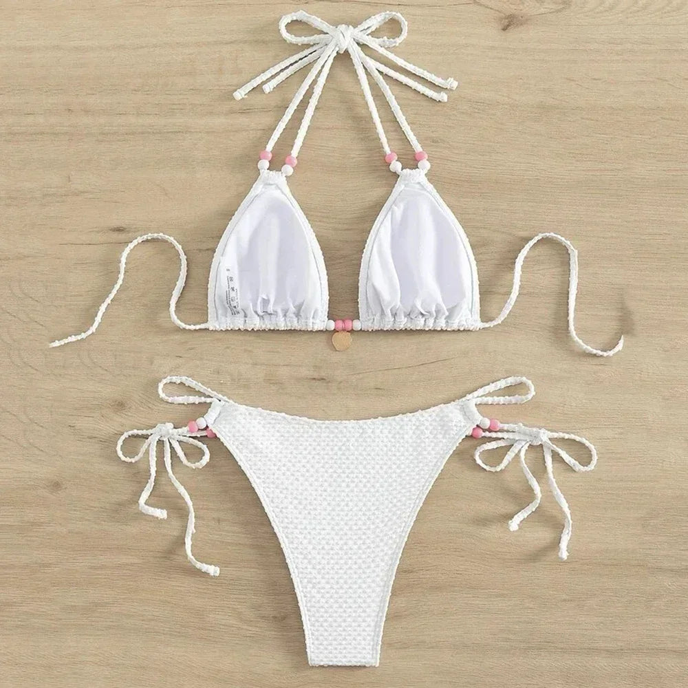 Sexy Pink Micro Thong Bikinis Sets Bead String Halter Swimwear Women Mini Swimsuit Bathing Suit Lace-up Biquinis Triangle Bikini - Sun Studio
