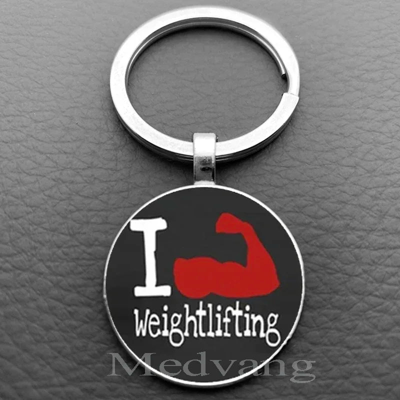 Weightlifting Fitness Pattern Keychain Loves Fitness Men and Women Exclusive Glass Round Keychain Gift for Fitness Club - Sun Studio