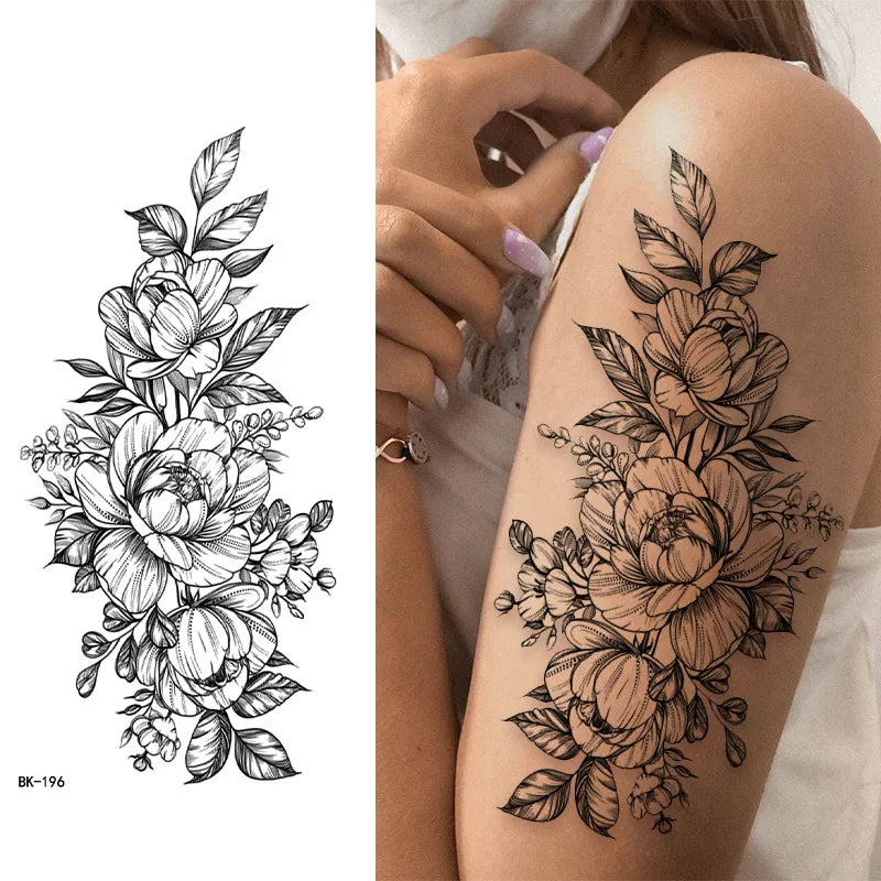 Black White Temporary Transfer Tattoos Floral Butterfly Lettering Line Art Waterproof Body Stickers for Music Festival Party