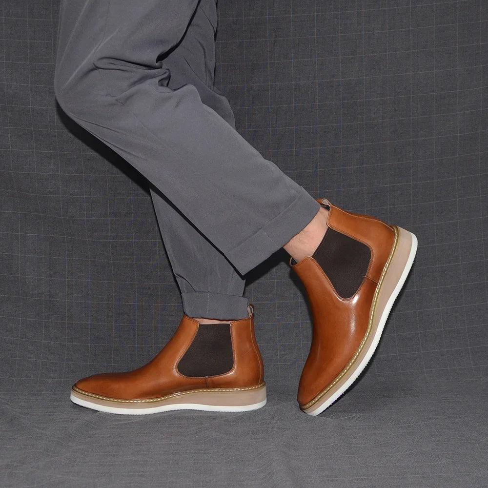 British Style Cow Genuine Leather Men's Chelsea Ankle Boots Slip-on Elastic Band High Top Sneakers Casual Dress Boot for Men - Sun Studio