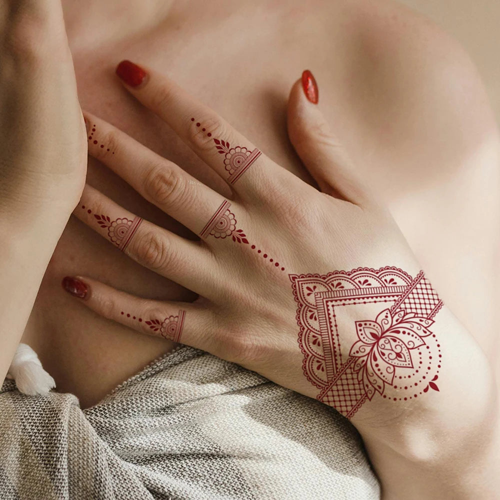 6 Sheets India Mehndi Design Brown Red Maroon Tattoo Stickers, Water Transfer Fake Henna Tattoos For Women Full Hand Tattoos - Sun Studio