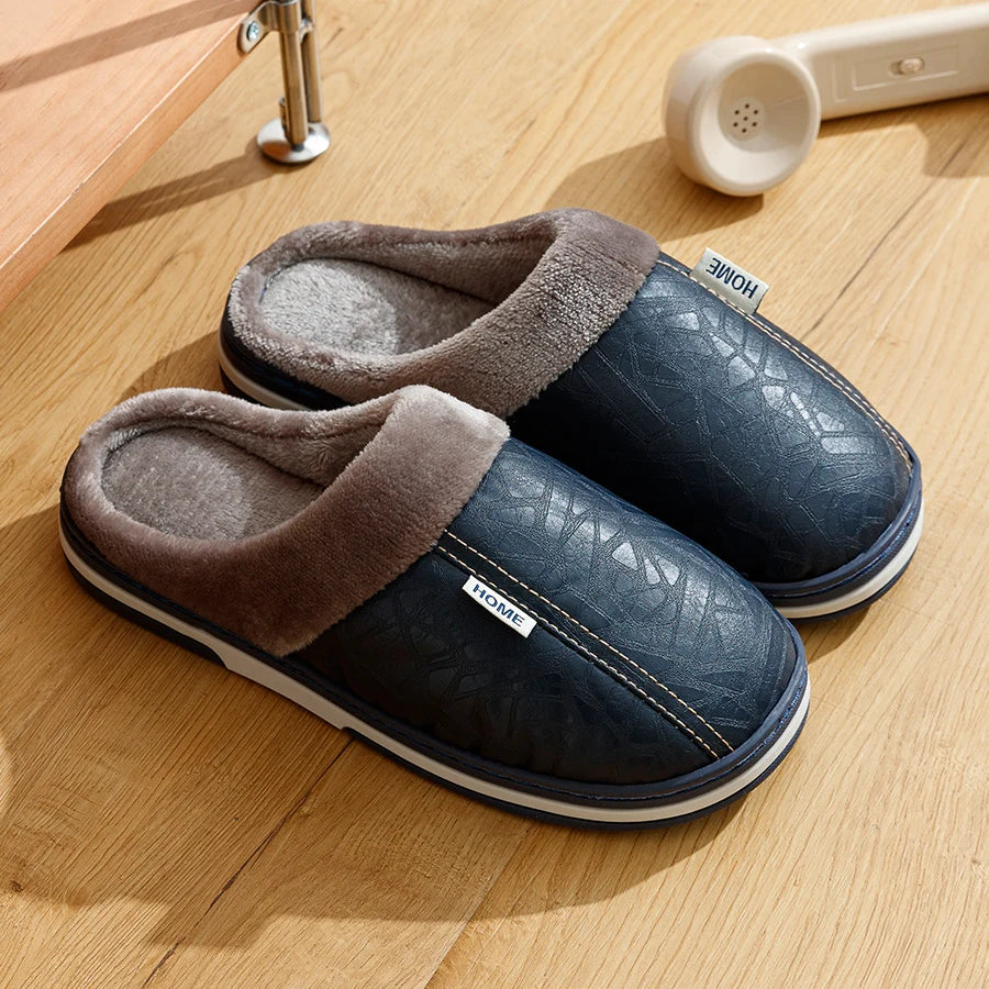 PU Leather Big Sizes Men slippers Indoor Waterproof Fur Flat Men's Winter Home Slipper Cotton Bedroom Houseshoes - Sun Studio