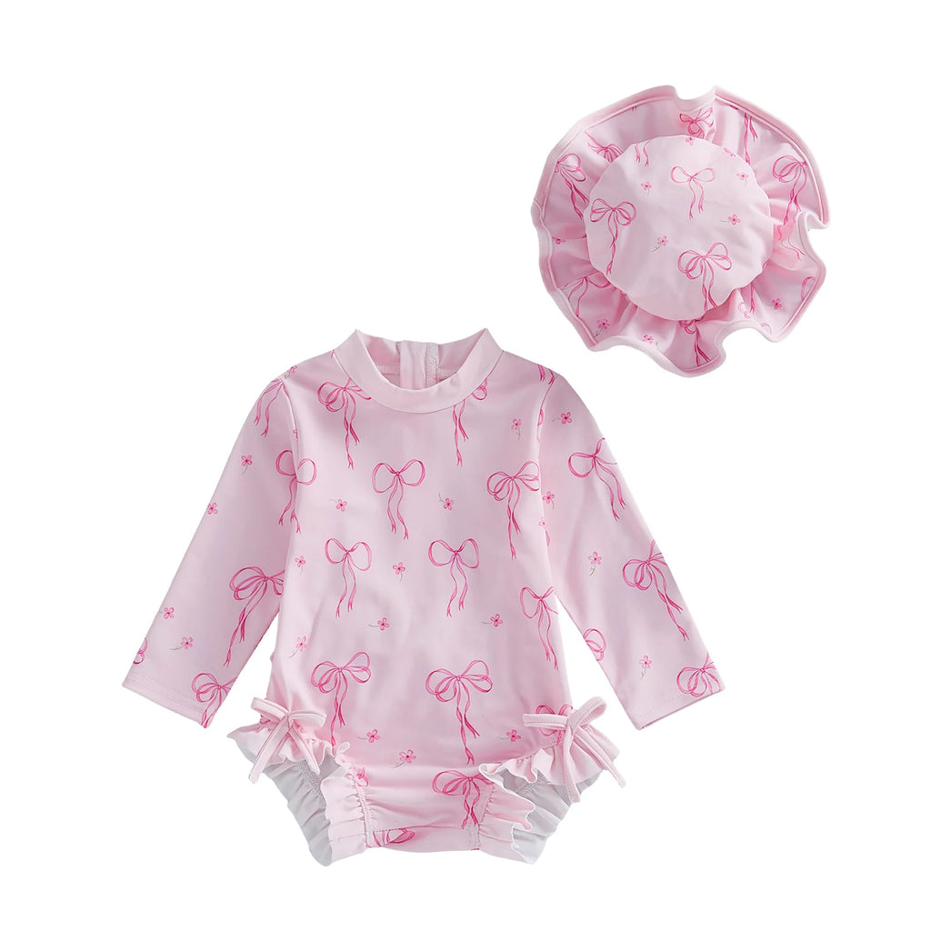 Toddler Baby Girl Rash Guard Swimsuit Bow Print Ruffled Long Sleeve Round Neck Beachwear Jumpsuit and Hat Swimwear 2Pcs Set - Sun Studio