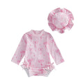 Toddler Baby Girl Rash Guard Swimsuit Bow Print Ruffled Long Sleeve Round Neck Beachwear Jumpsuit and Hat Swimwear 2Pcs Set - Sun Studio