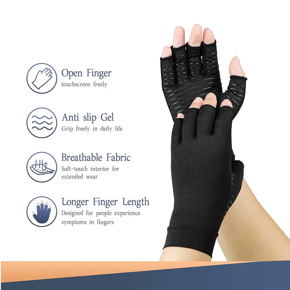 1 Pair Compression Gloves Hand Copper Arthritis Gloves Joint Pain Relief Half Finger Anti-slip Therapy Gloves For Womens Mens - Sun Studio