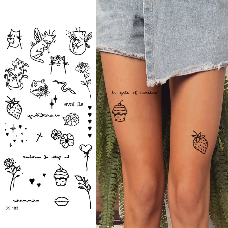 Black White Temporary Transfer Tattoos Floral Butterfly Lettering Line Art Waterproof Body Stickers for Music Festival Party
