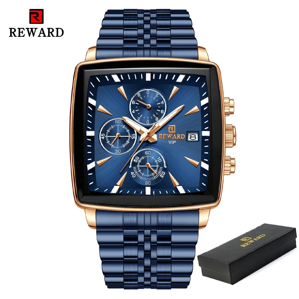 REWARD Fashion Square Dial Watch for Men Stainless Steel Waterproof Quartz Chronograph Mens Watches Luxury Sport Male Clock - Sun Studio