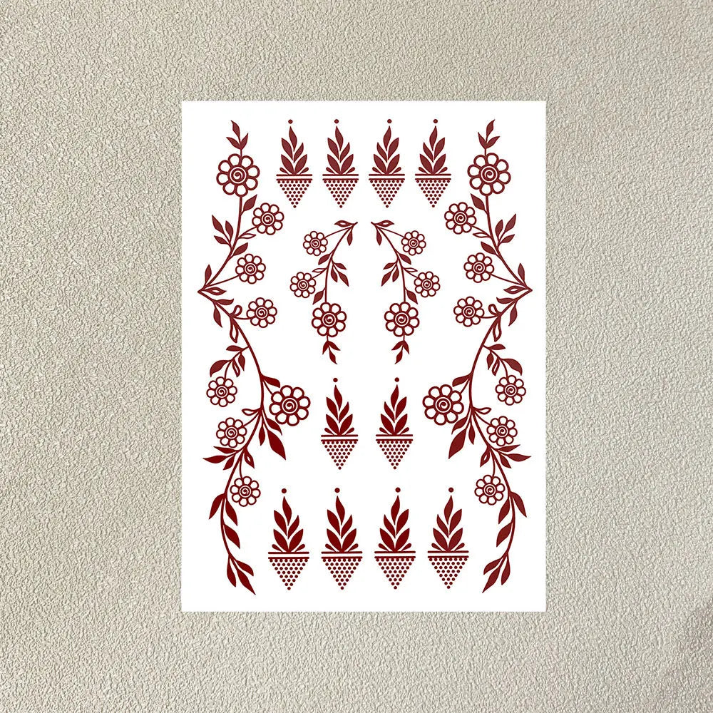 Waterproof Flower Hand Tattoo for Women Maroon Henna Tattoo Stickers for Hand Fingers Body Art Disposable Fake Tattoo Festival