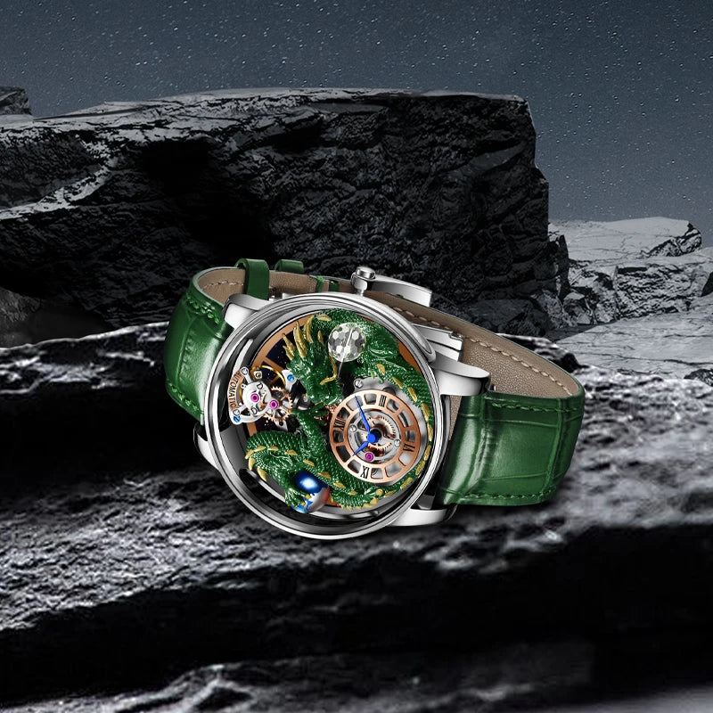 PINDU Design New 3D Dragon Earth Theme Quartz Watches Men Celestial Series Curved Mirror Transparent Design Watch Wristwatches - Sun Studio