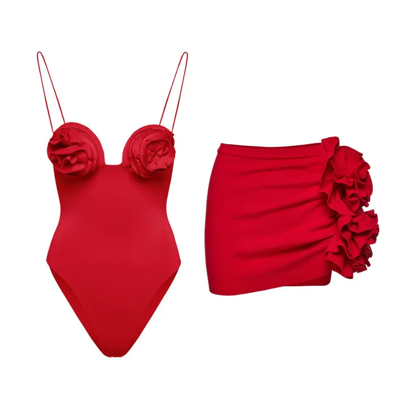 2024 Sexy Women's Swimsuit with Skirt One-Piece Swimwear Vintage Ruffle V Neck Cover Up Bikinis Set Beachwear Bathing Suit - Sun Studio