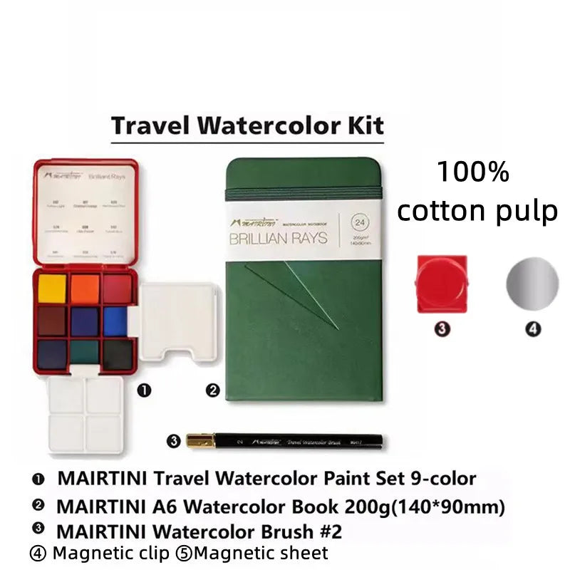 MAIRTINI Travel Watercolor Paint Set 9 Colors 100% Cotton Paper Mini Solid Water Color Paint With Palette Painting Supplies - Sun Studio
