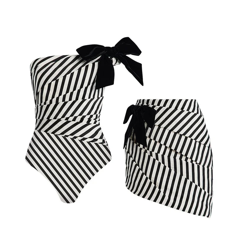 Black Swimsuit Flaxmaker Women Vintage Bowknot Striped Swimwear With Midi Skirt Push Up Bikini Biquini Bathingsuit Bodysuit - Sun Studio