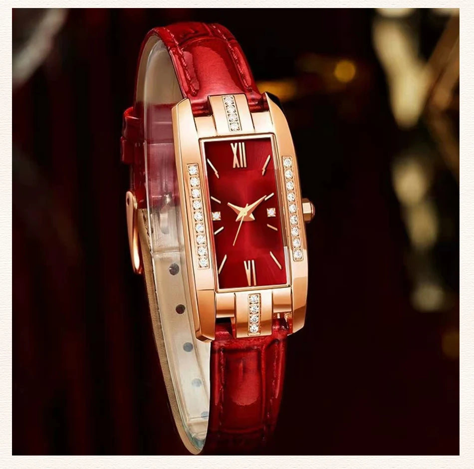 Womens Watches Fashion Square Ladies Quartz Watch Bracelet Set Green Dial Simple Leather Luxury Women Watches - Sun Studio