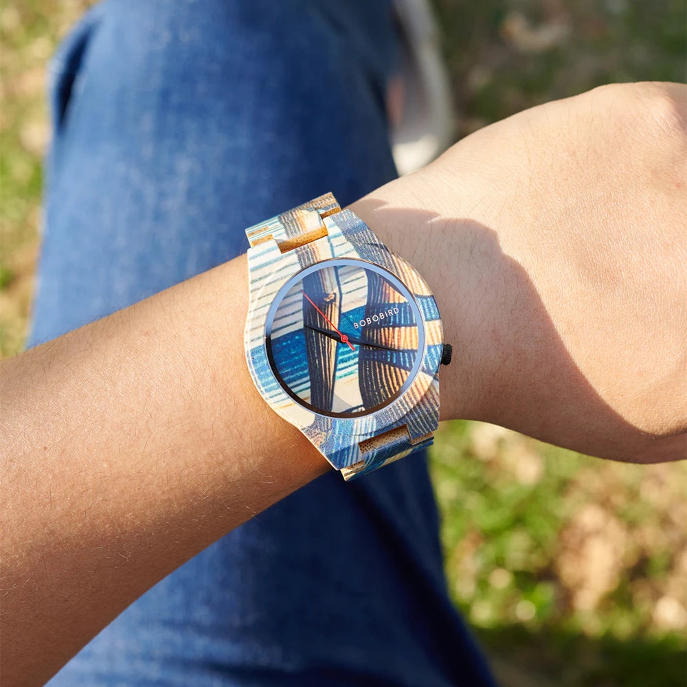 Men's Watches BOBO BIRD Bamboo Quartz Watch Pattern Printing Colorful Wooden Wristwatch 2025 New - Sun Studio